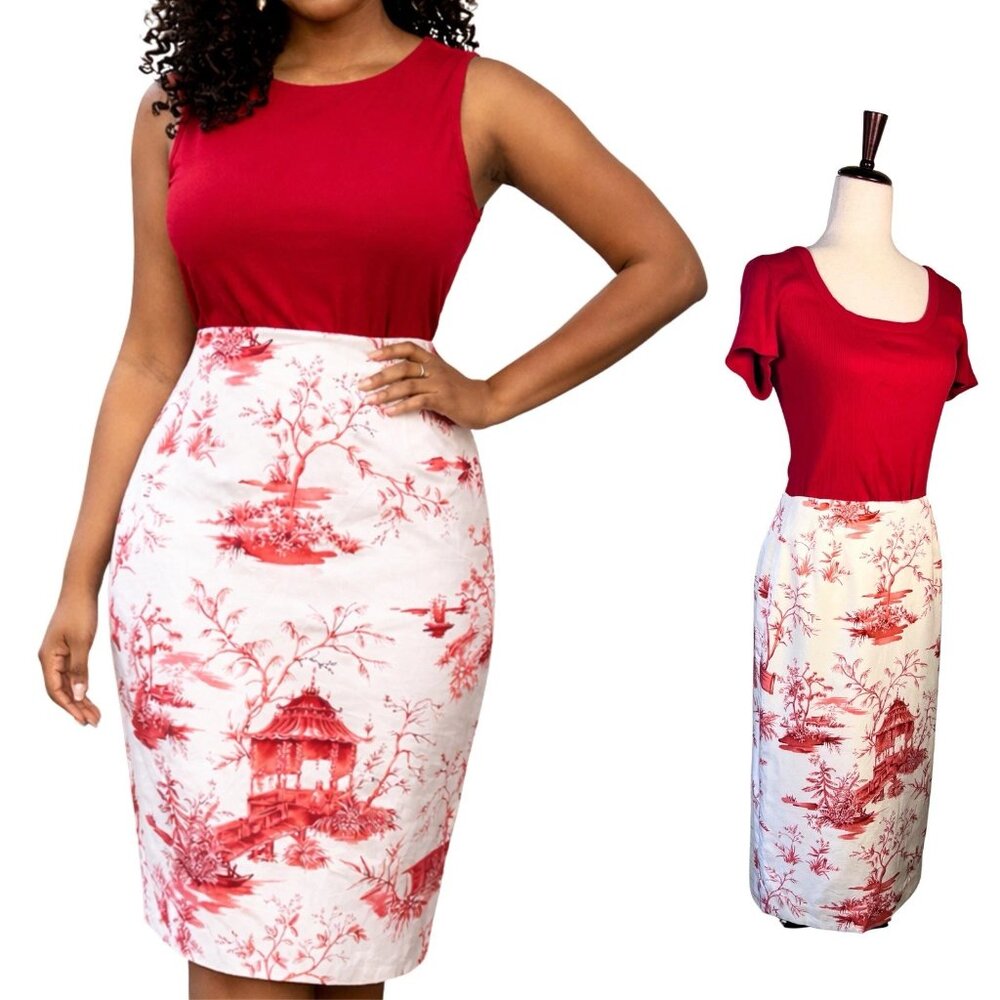 VTG Talbots Pencil Skirt Sz 4 Silk Blend Asian Pagoda & Bamboo Cream & Red